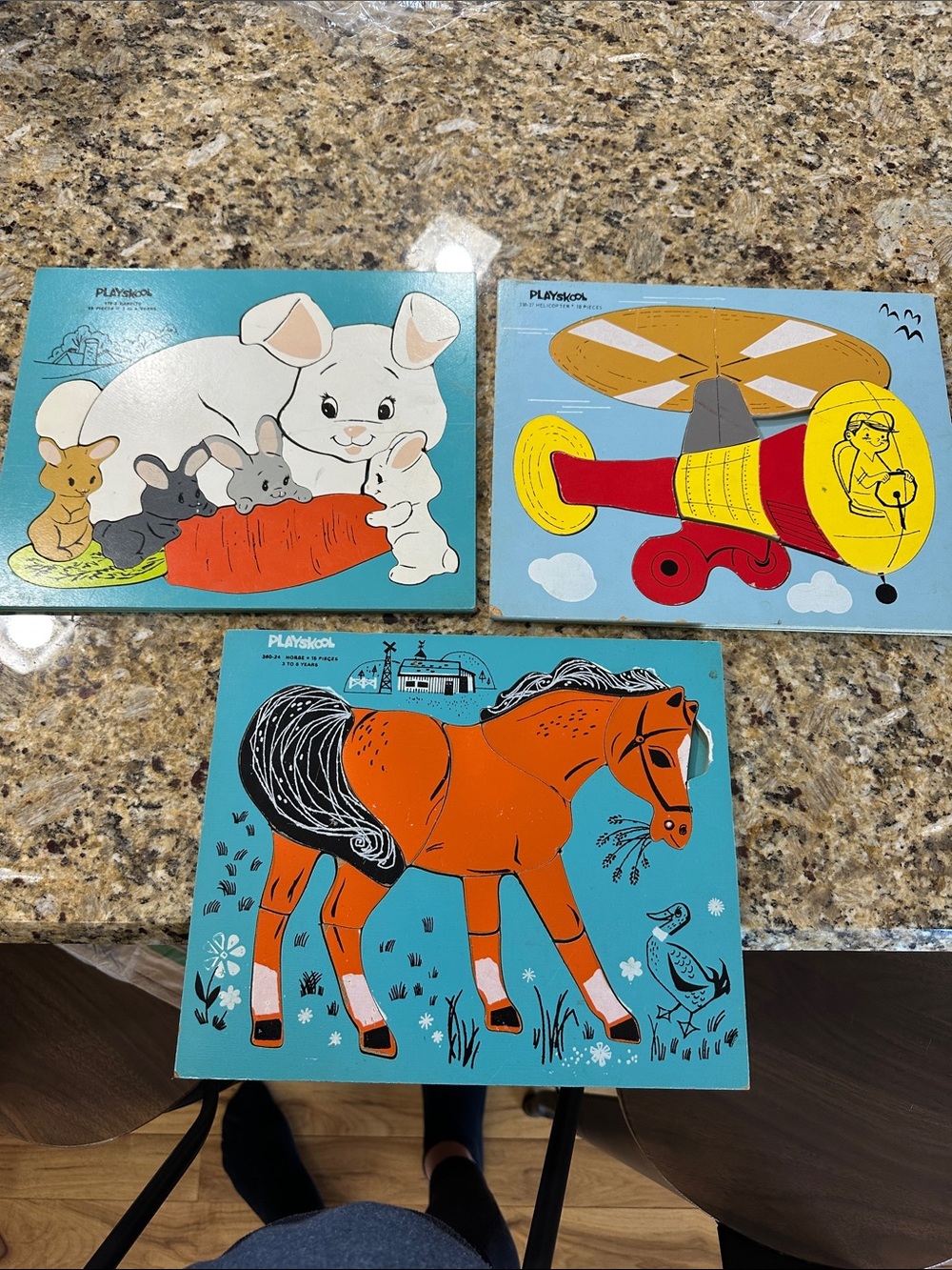 Vintage Playskool Kids wooden Puzzle board Set - Bunnies, Horse, Helicopter